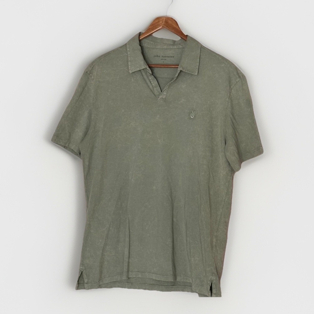 John Varvatos Zion Johnny Collar Polo Green Vintage Wash Cotton Men's L NWT